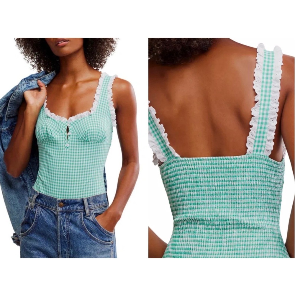 Free People Bodysuit LG Green Gingham Eyelet Lace Smocked Cottagecore Farmcore